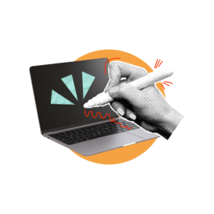 Hand writing on laptop as depiction of website copywriting
