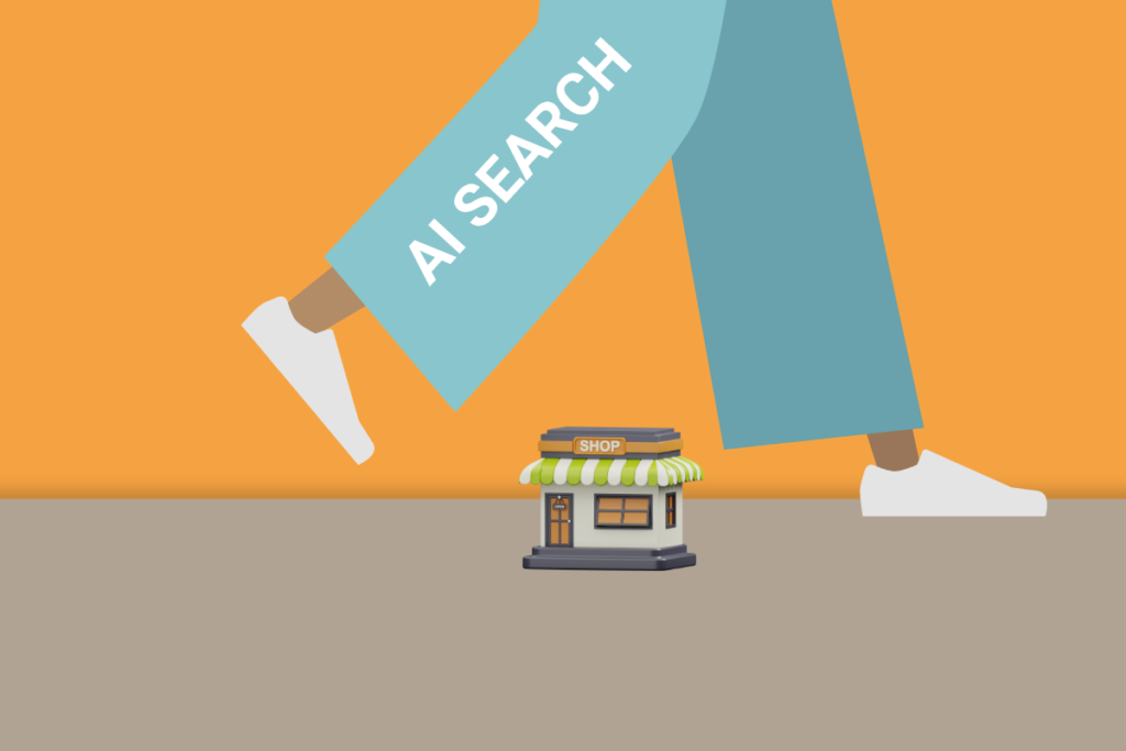 Illustration of AI search stepping over a small business, representing how Singapore SMEs can be overlooked in AI search recommendations.