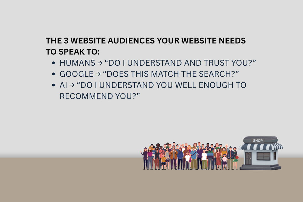 Illustration showing the three audiences a business website needs to serve: human customers, Google search and AI search tools.